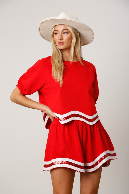 Sequins Stripe Puff Sleeve Crop Top