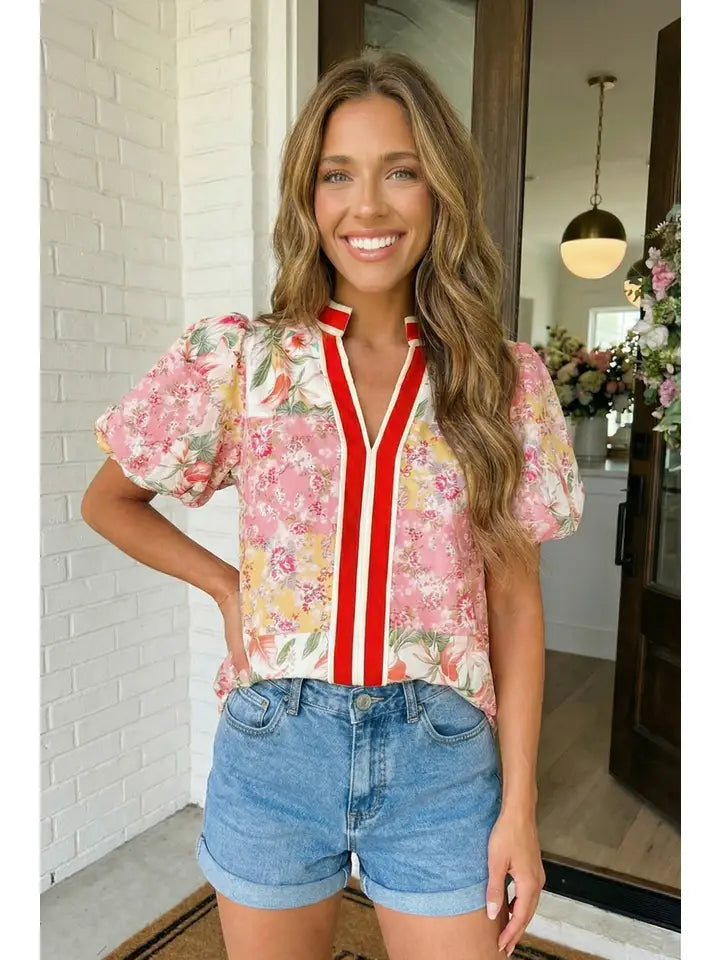 Las Contrast Collared V Neck Floral Blouse