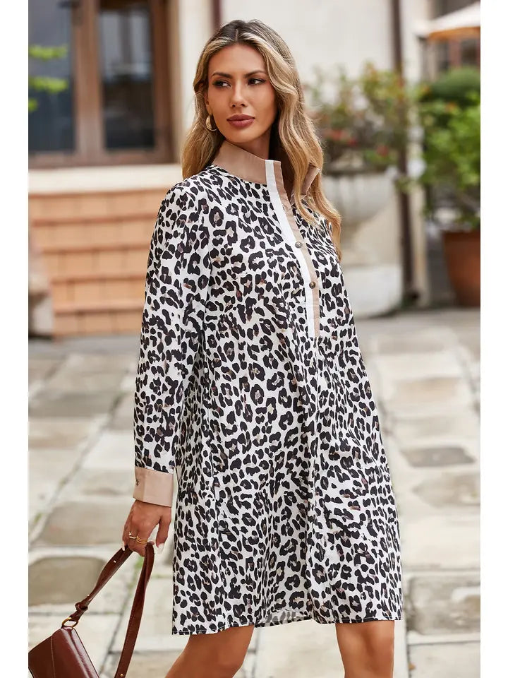Leopard Collar Patchwork Button Dress