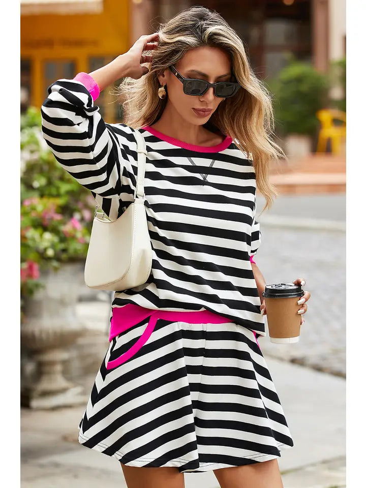 Stripe Contrast Ribbed Banding Blouse Loose Shorts Set