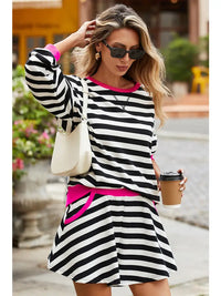 Stripe Contrast Ribbed Banding Blouse Loose Shorts Set