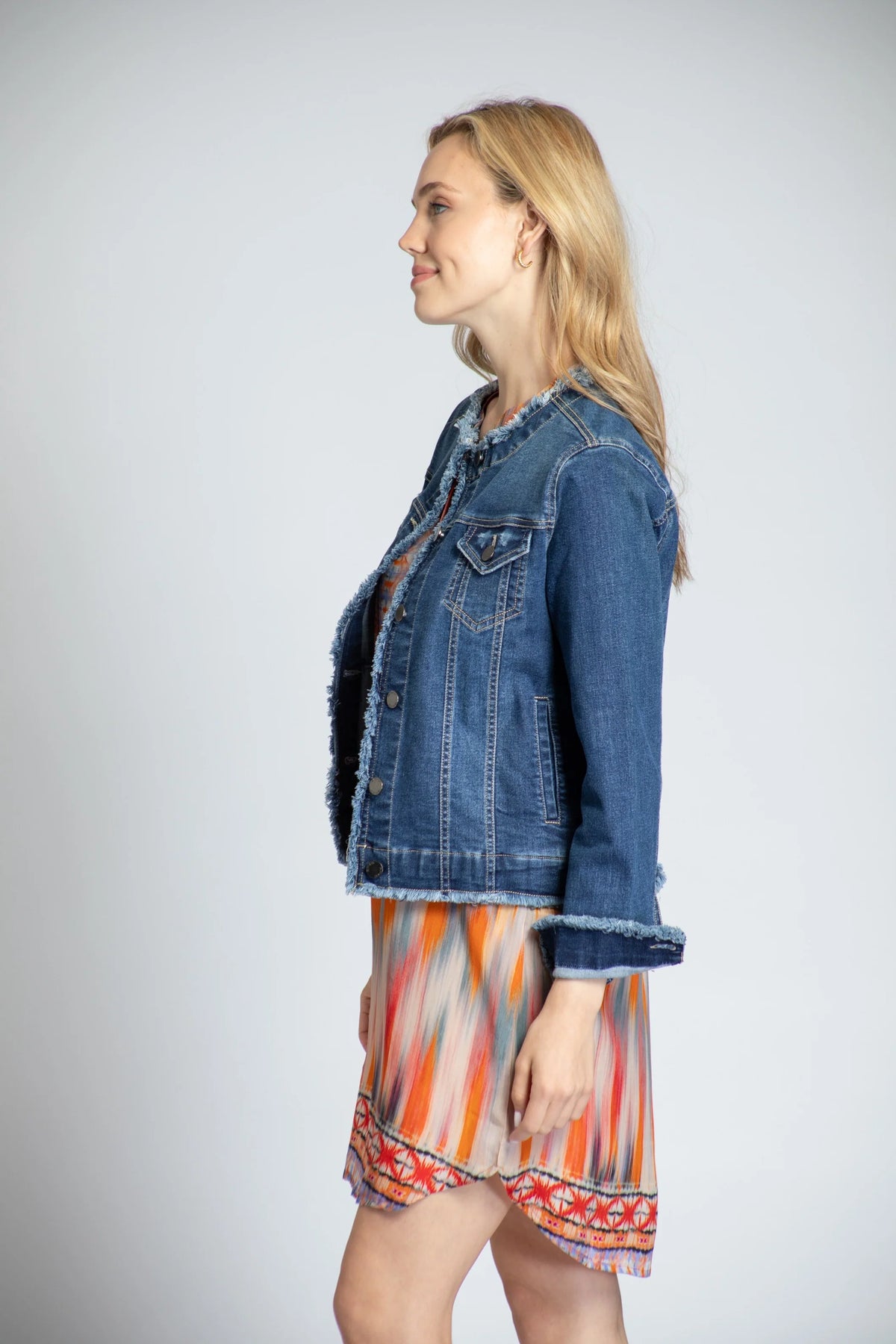 Frayed Collarless Jean Jacket