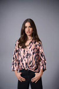 Leopard Print Bottom Tie L/S Open Collar Blouse