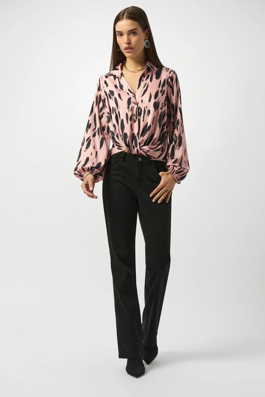 Leopard Print Bottom Tie L/S Open Collar Blouse