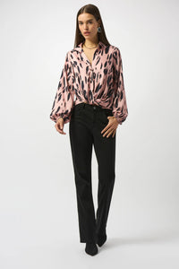 Leopard Print Bottom Tie L/S Open Collar Blouse