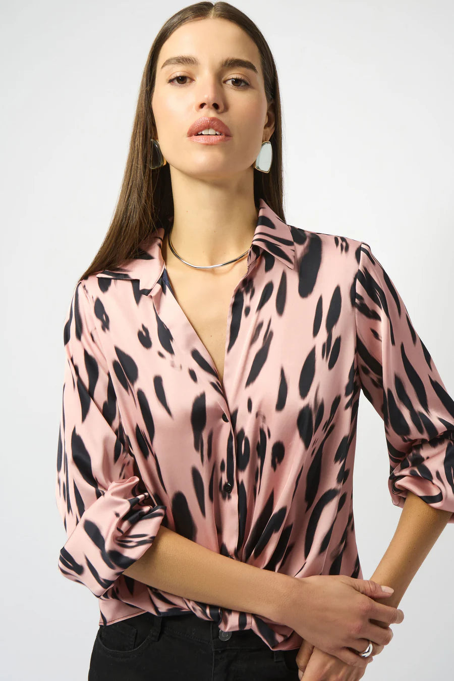 Leopard Print Bottom Tie L/S Open Collar Blouse