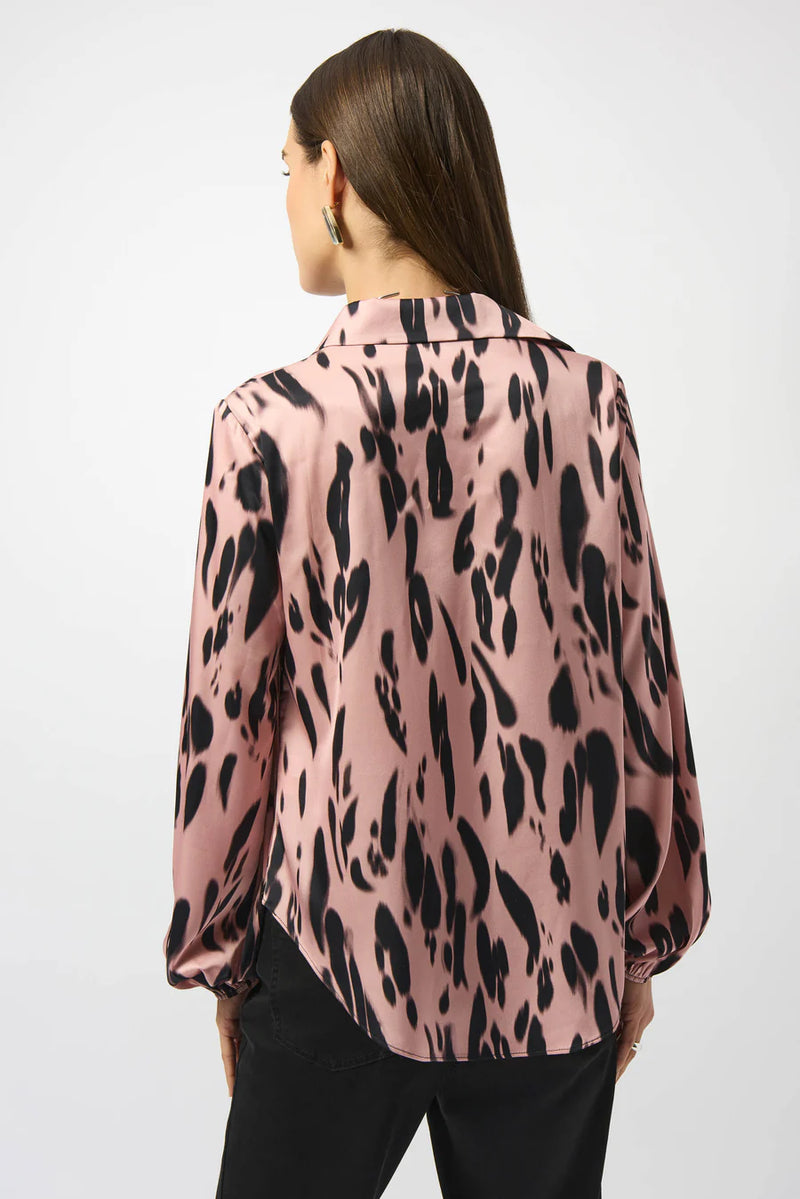 Leopard Print Bottom Tie L/S Open Collar Blouse