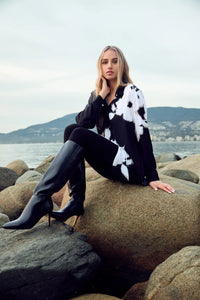 Floral Print Rhinestone Black & White Blouse