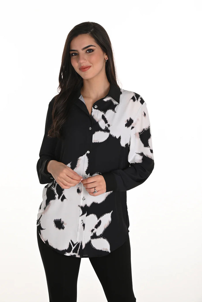 Floral Print Rhinestone Black & White Blouse