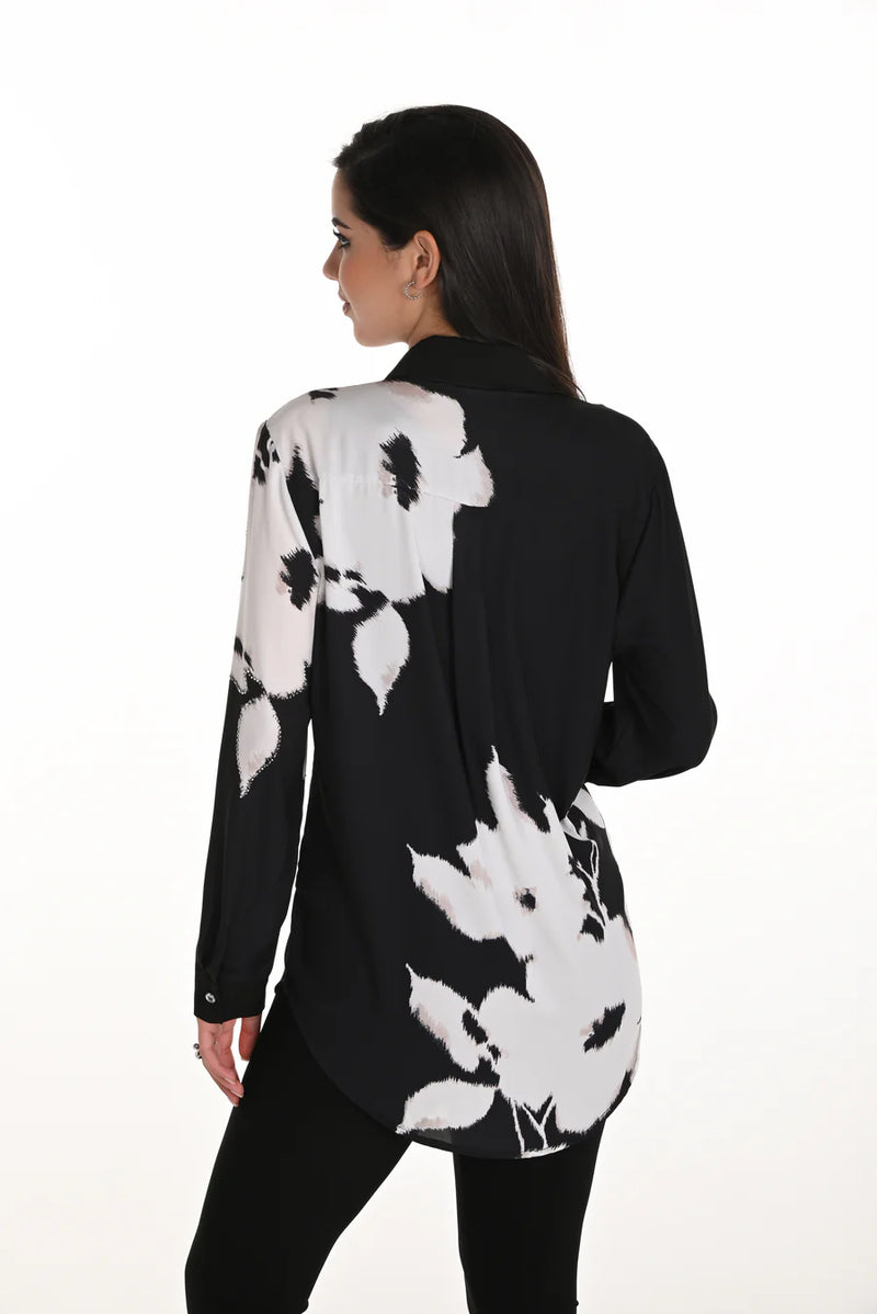 Floral Print Rhinestone Black & White Blouse