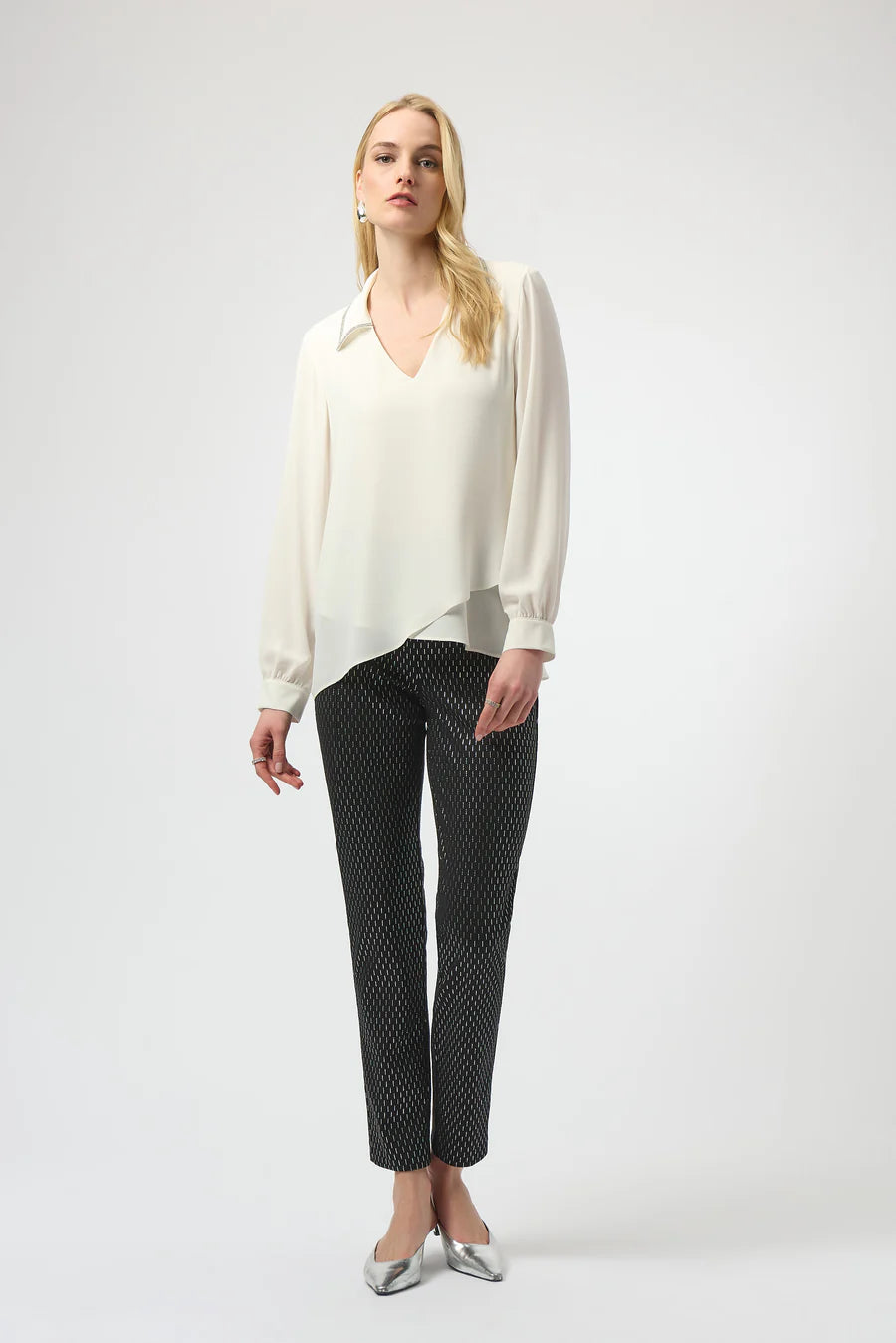 Rhinestone Collar V Neck Blouse