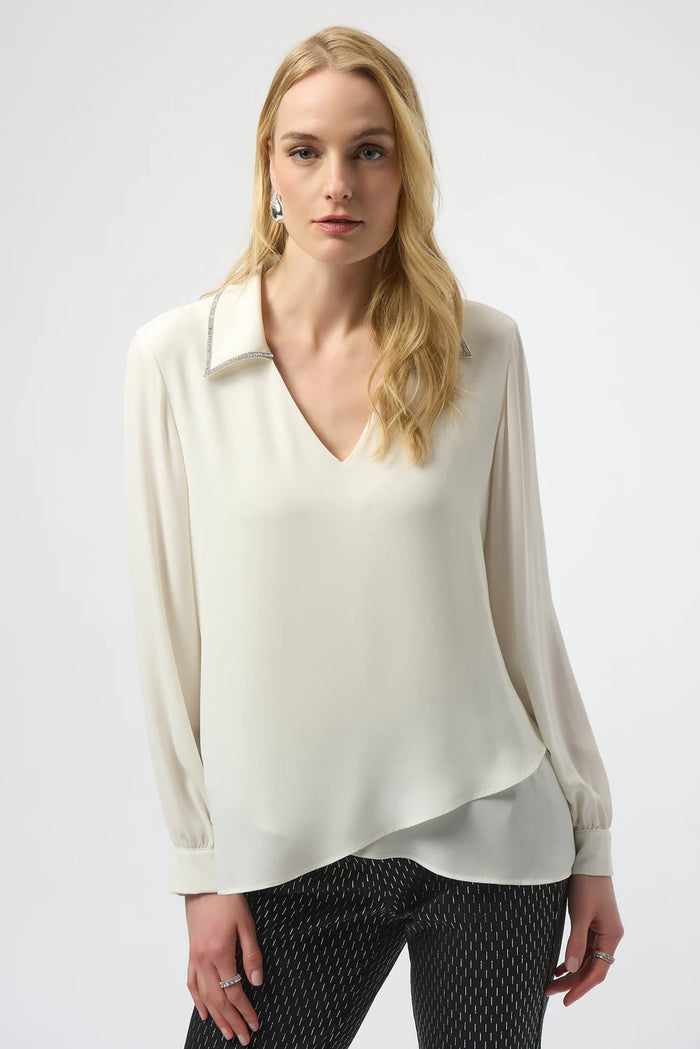 Rhinestone Collar V Neck Blouse