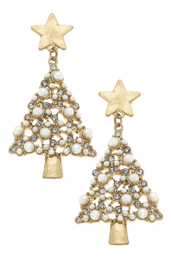 White Christmas Pearl Studded Enamel Christmas Tree Earrings in Ivory & Gold