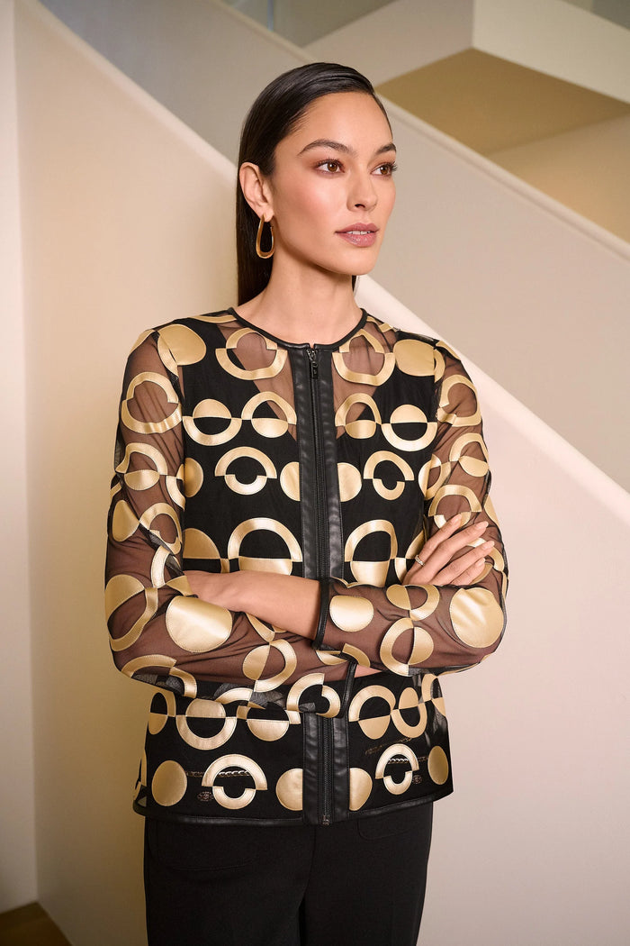 Mesh and Leatherette Collarless Jacket