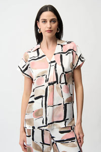 Satin Abstract Print Boxy Top V-Neck