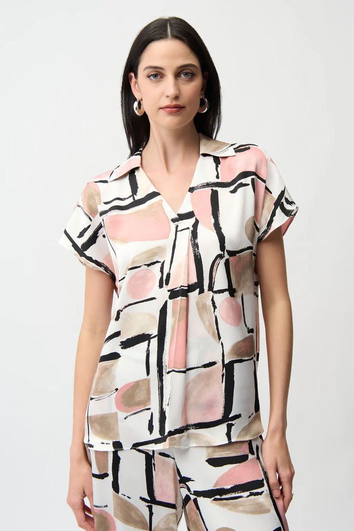 Satin Abstract Print Boxy Top V-Neck