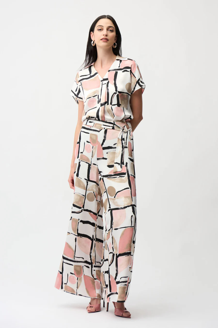 Satin Abstract Print Boxy Top V-Neck