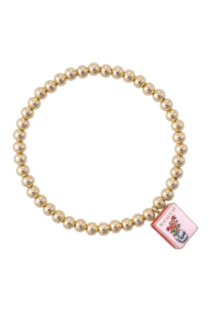 Mahjong Tile Ball Bead Stretch Bracelet in Shiny Gold