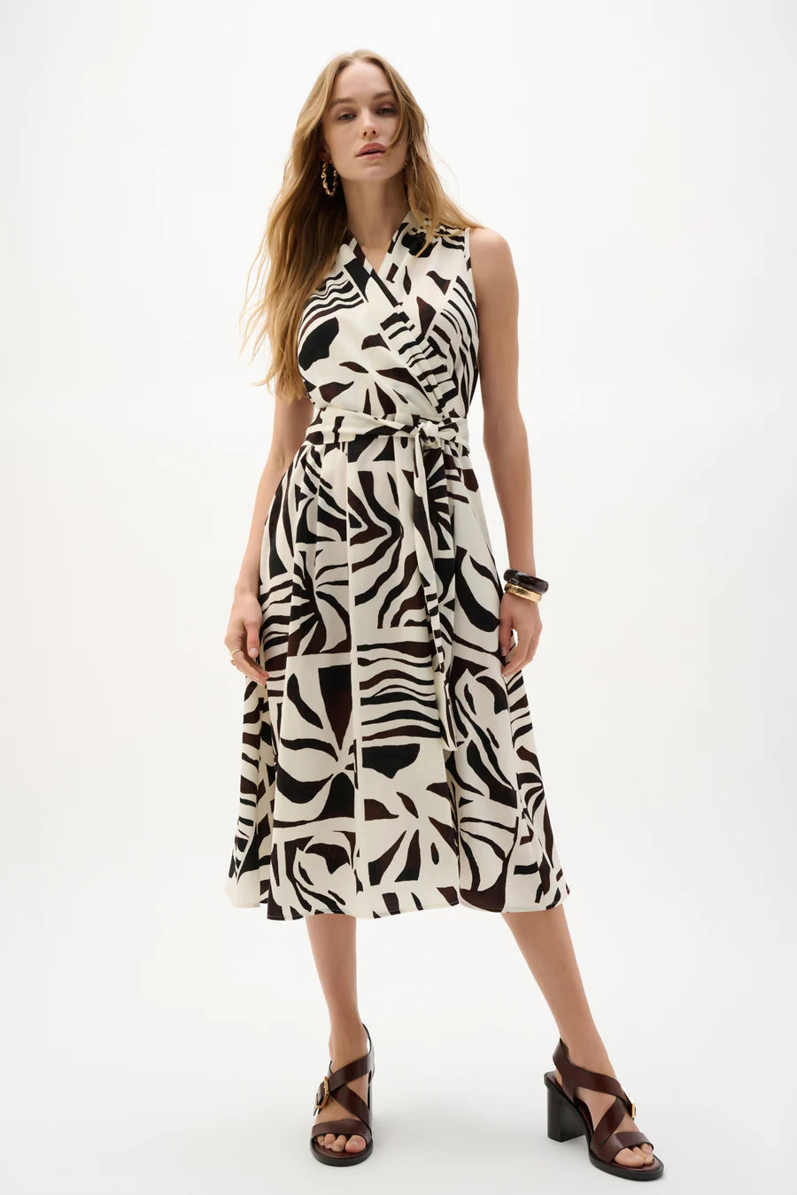 Brown & White Abstract Midi Wrap Dress