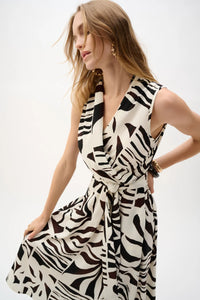 Brown & White Abstract Midi Wrap Dress
