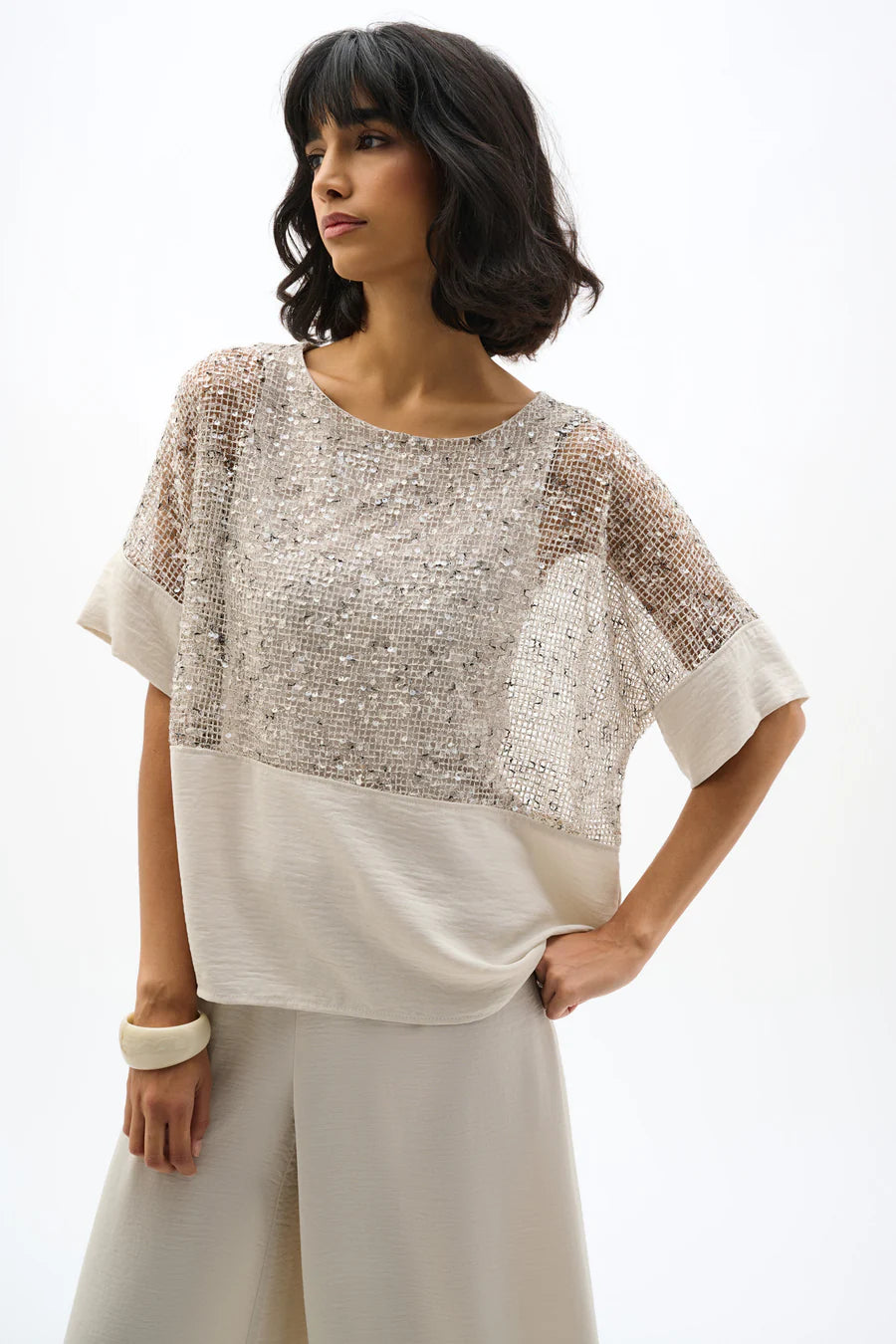 Sequined Mesh and Gauze Boxy Top