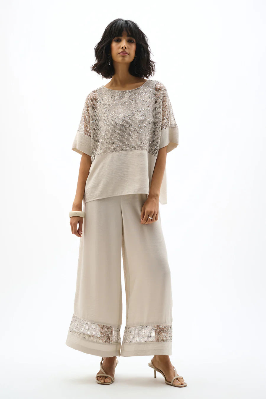 Sequined Mesh and Gauze Boxy Top