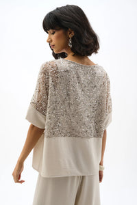 Sequined Mesh and Gauze Boxy Top