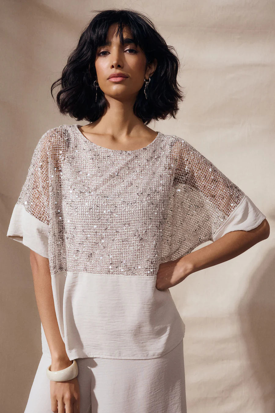 Sequined Mesh and Gauze Boxy Top