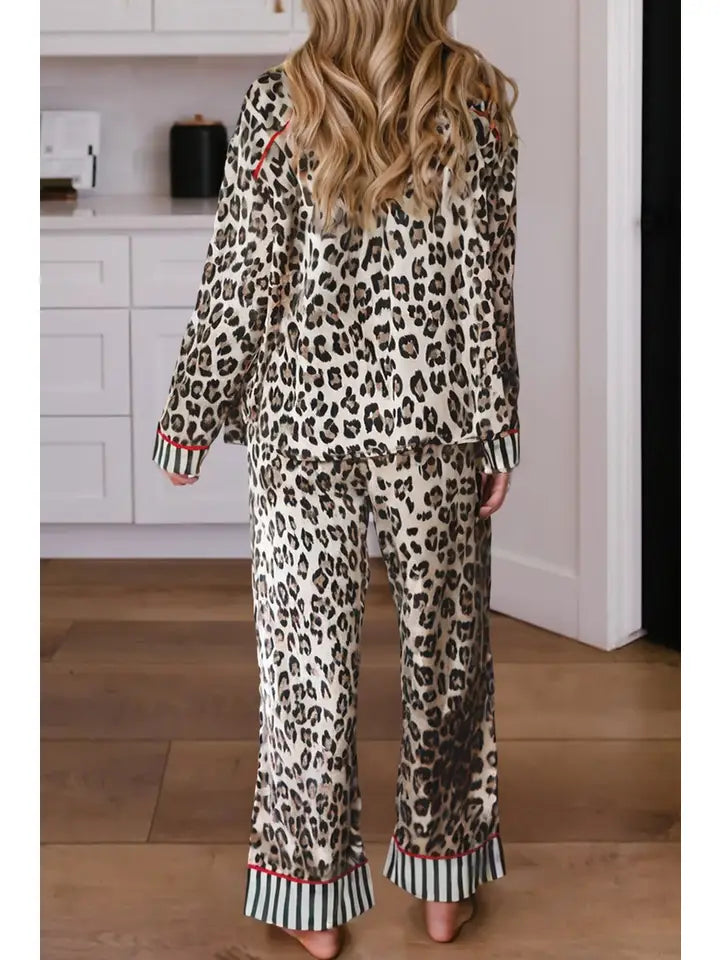 Leopard Colorblock Edge Shirt and Pants Pajama Set