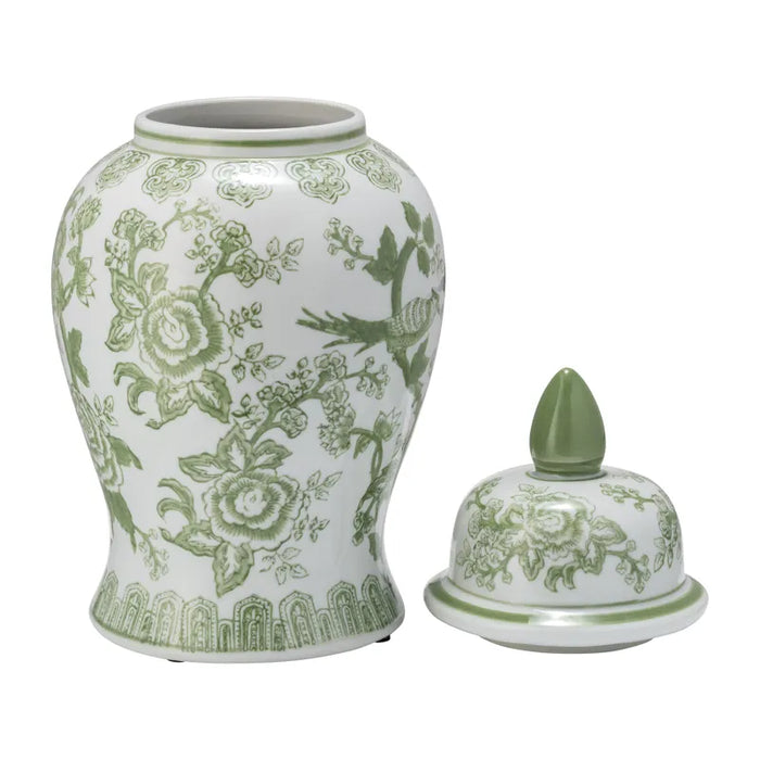 Cer, 14" Temple Jar Bird/flower, Green