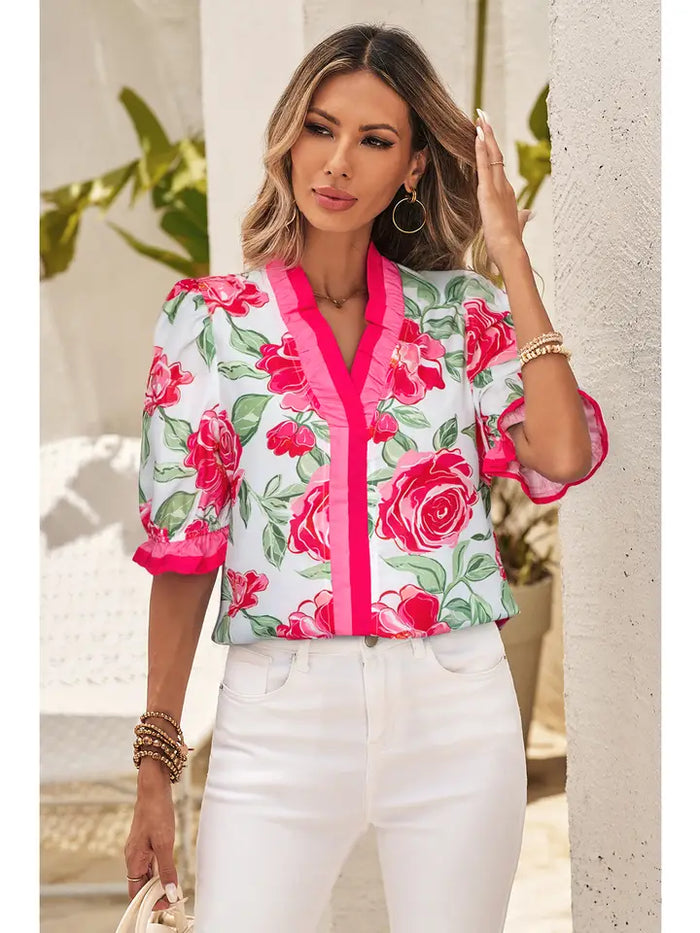 Color blocked Ruffle Floral Print Top