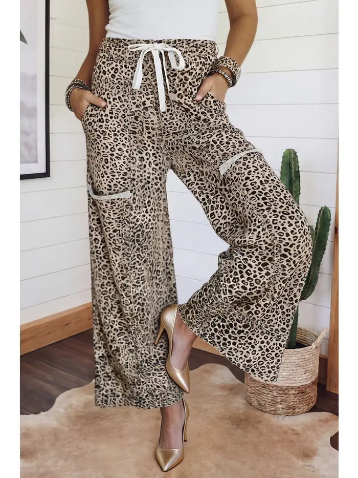 Animal Print Wide Leg Terry Knit Pants