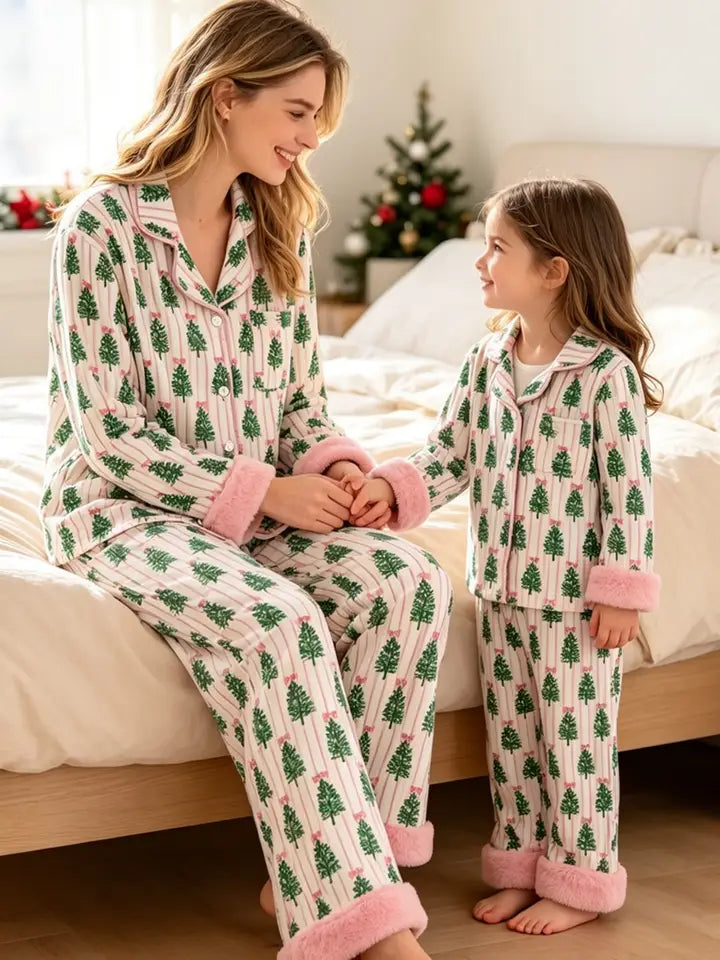 Mommy and Me Christmas Tree Print Pajama Set with Fur Trim