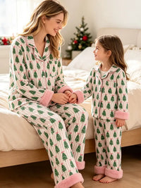 Mommy and Me Christmas Tree Print Pajama Set with Fur Trim