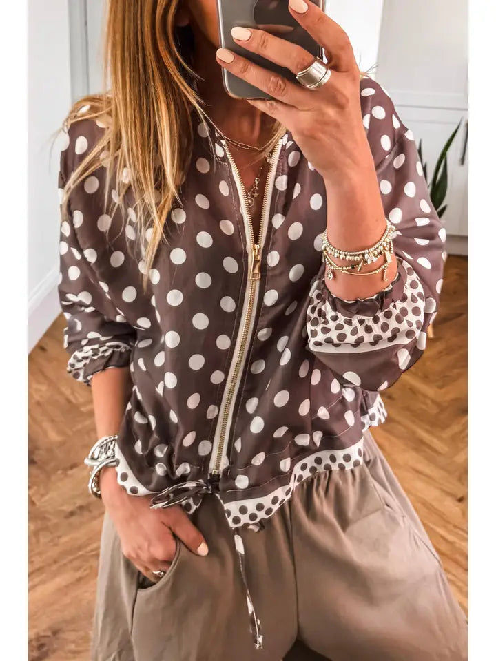 Polka Dot Contrast Detail Zip-Up Long Sleeve Shacket