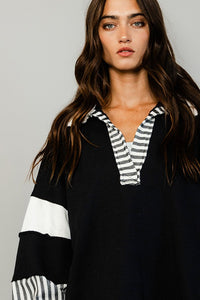 French Terry Knit Color-Block Collared Loose Fit Top