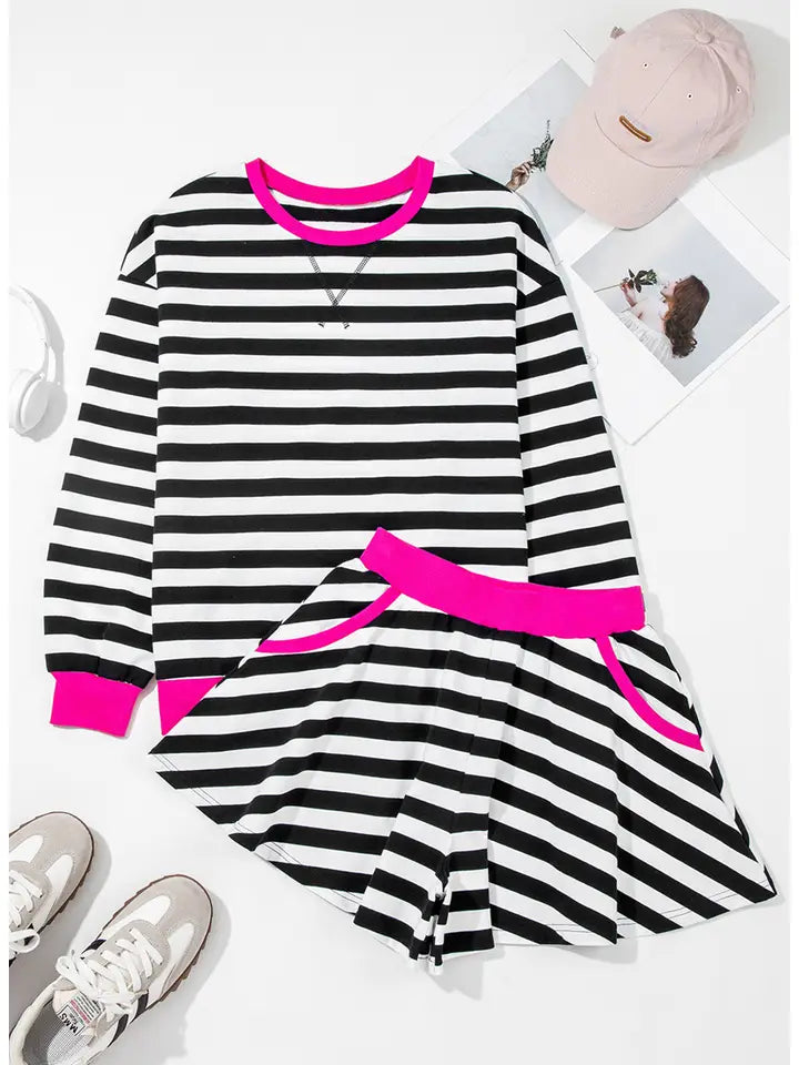 Stripe Contrast Ribbed Banding Blouse Loose Shorts Set