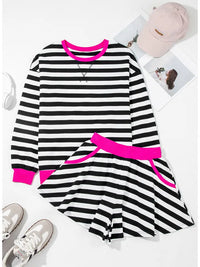 Stripe Contrast Ribbed Banding Blouse Loose Shorts Set