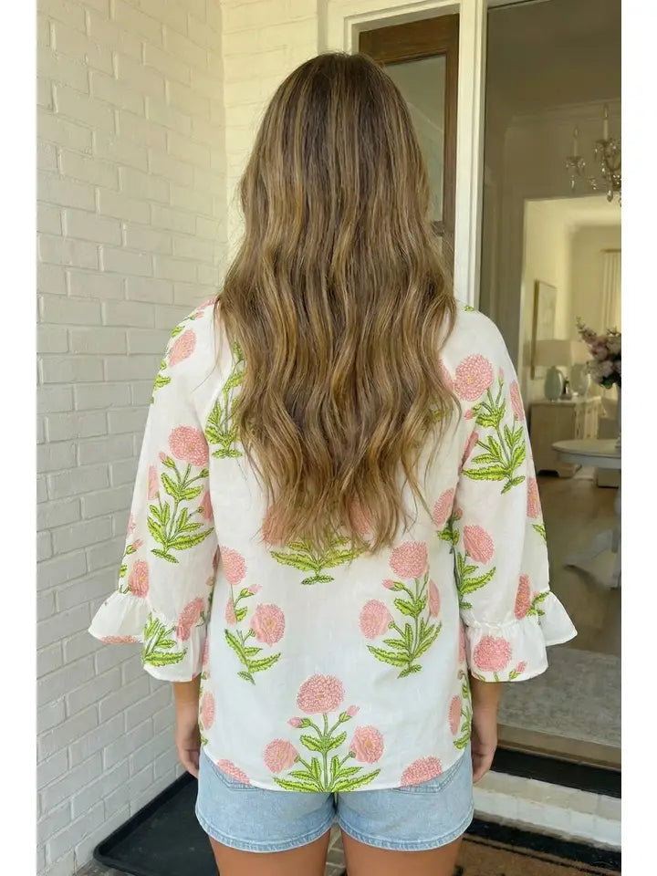 Wild Flower Print V Neck 3/4 Sleeve Blouse