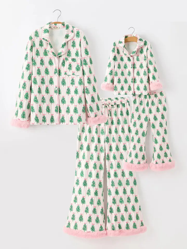 Mommy and Me Christmas Tree Print Pajama Set with Fur Trim