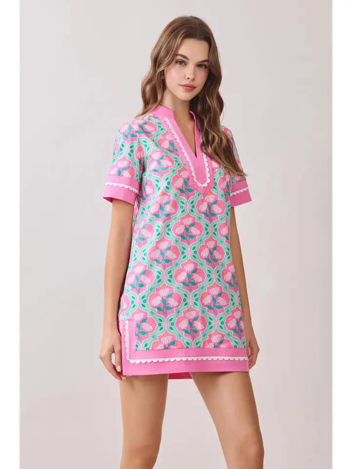 Colorful Floral Print Contrast Borders Shift Dress