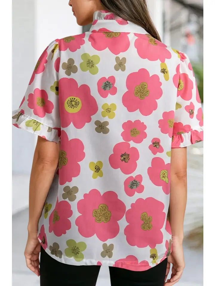 Sassy Floral Ruffle Striped Collar Summer Blouse