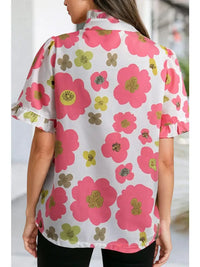 Sassy Floral Ruffle Striped Collar Summer Blouse