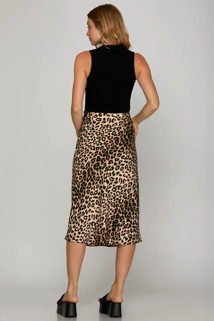 SATIN LEOPARD PRINT A LINE MIDI SKIRT
