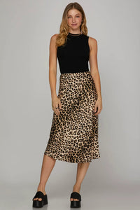 SATIN LEOPARD PRINT A LINE MIDI SKIRT