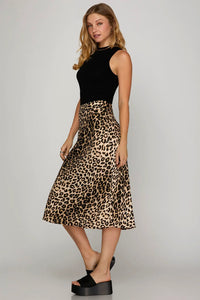 SATIN LEOPARD PRINT A LINE MIDI SKIRT