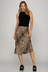 SATIN LEOPARD PRINT A LINE MIDI SKIRT