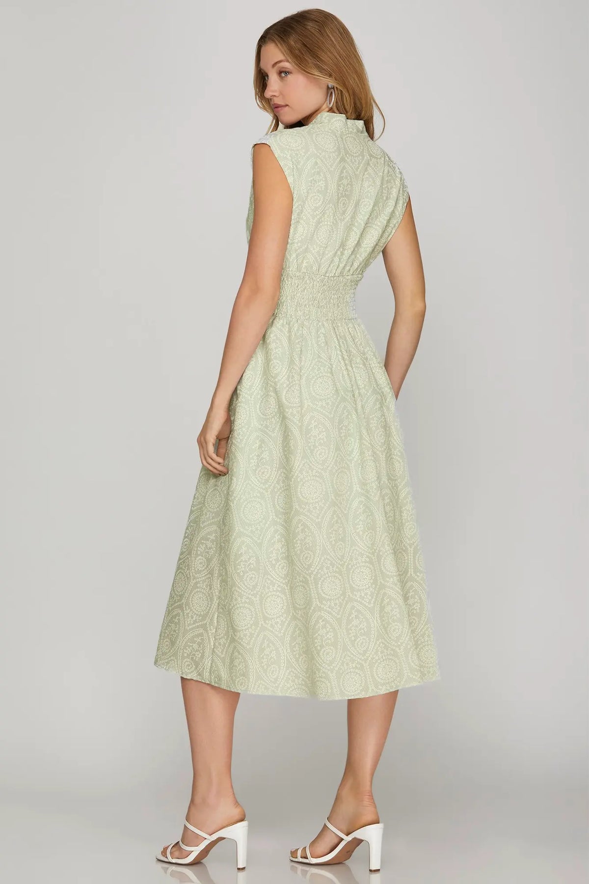 FRONT ZIP EYELET PRINTED MIDI DRESS