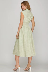 FRONT ZIP EYELET PRINTED MIDI DRESS