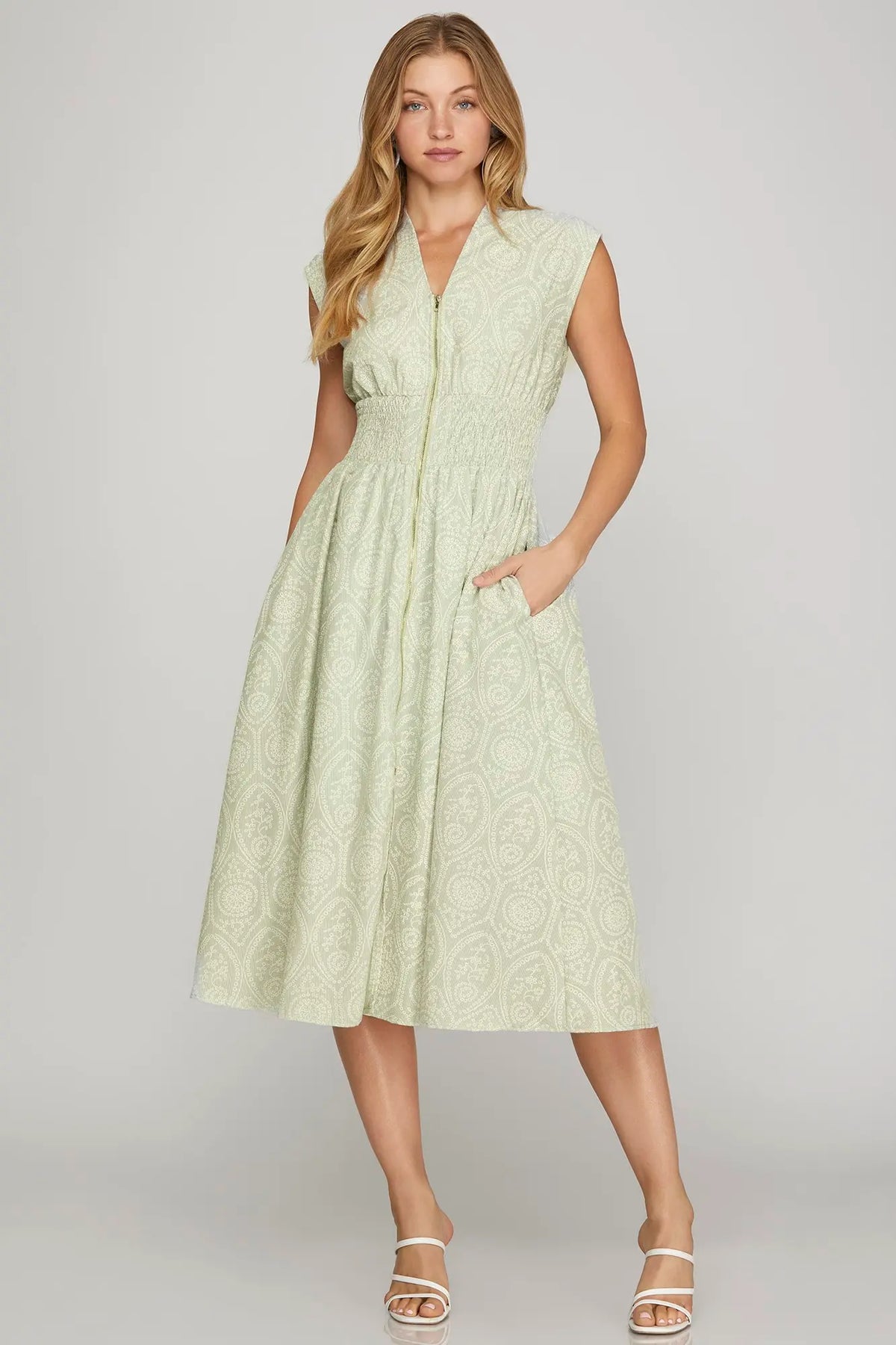 FRONT ZIP EYELET PRINTED MIDI DRESS